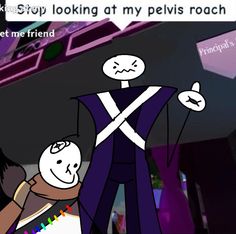 an animated image of two people standing next to each other with the caption that reads, let't stop looking at my pews roach