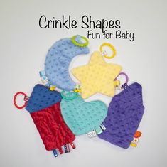 five crinkle shapes are shown with the words fun for baby