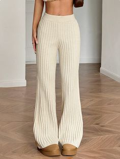 1pc Women's Solid Ribbed Flare Leg Wide Leg Casual Knit Pants, Autumn/Winter Apricot Casual   Knitwear Plain  High Stretch  Women Clothing, size features are:Bust: ,Length: ,Sleeve Length: Non-stretch Ribbed Pants, Solid Ribbed Winter Pants, Beige Stretch Ribbed Pants, Stretch Ribbed Beige Pants, High Waist Beige Ribbed Bottoms, High Waist Ribbed Beige Bottoms, Beige Bottoms For Winter, White Ribbed Bottoms For Fall, Full Length Ribbed Knit Pants