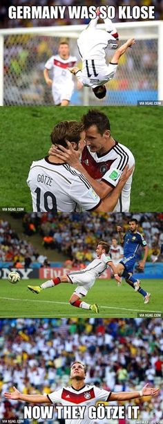 two soccer players are hugging each other in front of a crowd and the caption says germany was so klose now they got it