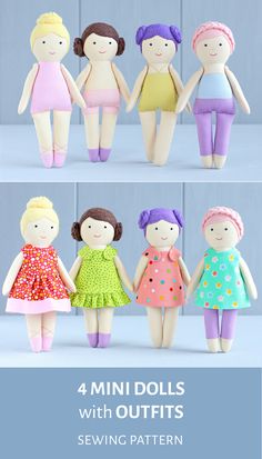 four dolls with different outfits for sewing