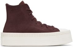 High-top suede sneakers in burgundy. · Rubber cap toe · Lace-up closure · Logo stamp at inner side · Perforations at inner side · Logo patch at heel · Padded OrthoLite® footbed · Fleece lining · Treaded rubber platform sole · Platform: 2 Supplier color: Earth/Egret/Egret Platform Converse, Converse Sneakers, Suede Sneakers, Sneaker Collection, Logo Stamp, Sportswear Women, Chuck Taylor All Star, Chuck Taylor, Chuck Taylors