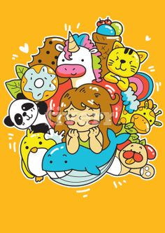 the girl is surrounded by many cartoon animals