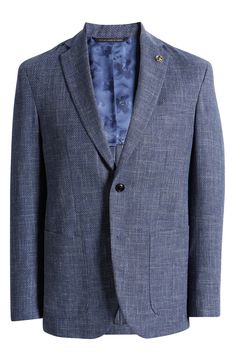 A textured blend of wool, cotton and linen furthers the relaxed versatility of a sport coat tailored with softer construction in the shoulders for comfort. 29" length  (size 42 R) Notched lapels Chest welt pocket; front patch pockets Side vents Partially lined, with taped seams 65% wool, 27% cotton, 8% linen Dry clean Made in Canada Ted Baker London, Sport Coat, Medium Blue, Welt Pocket, Ted Baker, Patch Pocket, Cotton Blend, Dry Clean, Nordstrom