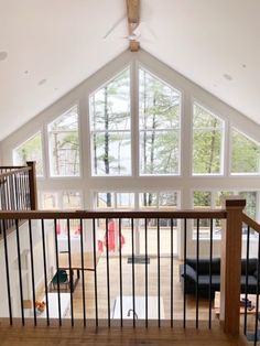 an open loft with wood floors and white walls