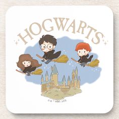 three harry potters flying on brooms in front of hogwart's castle