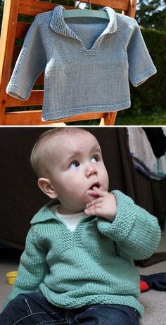 two pictures of a baby sitting on top of a wooden chair and another photo of a toddler wearing a sweater