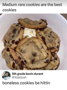 a white bowl filled with cookies and cream on top of a table next to a pile of chocolate chip cookies