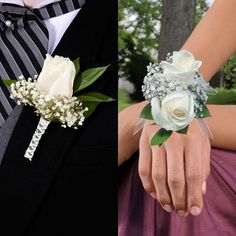 two pictures of the bride and grooms boutonnieres