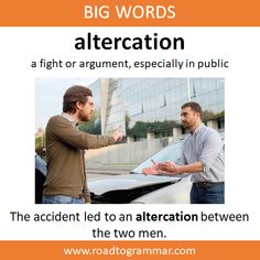 two men talking to each other in front of a car with the words'big words '