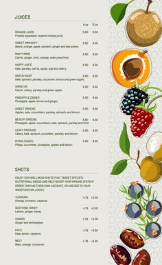 a menu with different fruits and vegetables on the bottom, along with an image of fruit