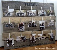 a family tree made out of wooden planks with pictures pinned to them on clothes pins