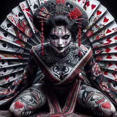 a woman with makeup and body art sitting in front of playing cards