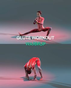 two different poses of a woman in red and green with the words glitte workout warm up