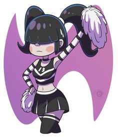 a drawing of a girl with black hair and bangs holding a purple object in her hand