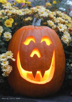 a carved pumpkin sitting in the middle of some daisies with its mouth open and eyes glowing