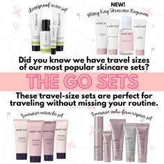 These 'Go Sets' are perfect for keeping your skin glowing on the go! ✈️✨   Which set are you taking on your next adventure?  Tell us in the comments! 🌍💼  #MaryKayWithCatharine #skincare #makeup Mary Kay To Go Set, Mary Kay Travel Sets, Mary Kay Starter Kit, Clearproof Mary Kay