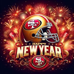 a happy new year card with a football helmet and firework in the background, as well as fireworks