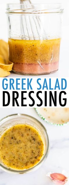 greek salad dressing in a glass jar with a whisk