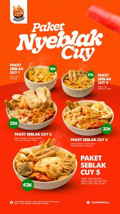 the menu for paket nyebak city is shown in red and orange colors