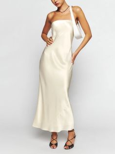 Joana Silk Dress - Strapless Midi | Reformation Strapless Silk Dress, Fancy Shop, Friends With Benefits, Swimwear Dress, Strappy Sandals Heels, Silk Charmeuse, Easy Going, Strapless Bra, Outerwear Sweater