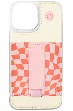 an iphone case with a pink and white checkerboard pattern on the front, featuring a smiley face