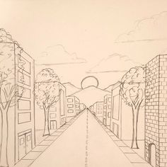 a drawing of a city street with trees and buildings on both sides, in the distance is an arch