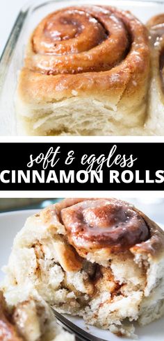 cinnamon rolls on a white plate with text overlay