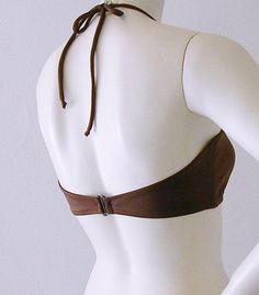 Hugh neck halter top hooks in back, and has boning in sides for stability; ties at neck. Lined with standard beige swimwear lining; no foam cups, pads, or wires. This style only works for B and C cups in USA bra sizing. Order according to your TRUE bra size; it will not work for D or DD cups. Fabric is matte-finish nylon/spandex. See the Policies section in my shop for payment options, return policy, and shipping information. Brown Swimwear With Built-in Bra For Pool, Adjustable Halter Top With Built-in Bra For Pool, Adjustable Halter Top With Padded Cups For Sunbathing, Brown Backless Swimwear For The Beach, Adjustable Padded Halter Top For Sunbathing, Stretch Halter Top With Padded Cups, Fitted Triangle Halter Top With Padded Cups, Fitted Triangle Halter Top With Removable Bra Pads, Fitted Brown Halter Top For Beach