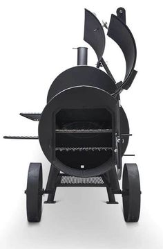 an outdoor charcoal grill on wheels with the door open