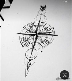 a black and white drawing of a compass