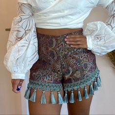 Brand New Never Worn Jacquard Tassel Shorts High Waisted Bohemian Fitted Short Bottoms, Fitted Bohemian Shorts, Bohemian Fitted Short Length Bottoms, Bohemian Style Fitted Short Bottoms, Bohemian High Waist Fitted Shorts, Bohemian High-waist Fitted Shorts, Fitted Blue Bohemian Shorts, Fitted Bohemian Bottoms With Paisley Print, Colorado Fashion