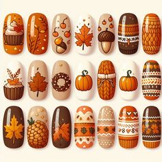 🍂 Fall in love with these stunning autumn nail designs! 🍁✨ From cozy knit patterns to adorable pumpkins and vibrant leaves, these nail art ideas perfectly capture the essence of the season. Whether you're sipping pumpkin spice lattes or taking a stroll through crisp, leaf-covered streets, these nails will keep your style on point. 🎃🌻🍁 Ideal for Thanksgiving, cozy weekends, or simply embracing the fall vibes, each design features rich, earthy tones and intricate details that celebrate everything we adore about autumn. Save your favorites for your next nail appointment! Fall Harvest Nails, Fall Sweater Nail Design, Cornucopia Nails, Pumpkin Pie Nail Art, Pumpkin Spice Latte Nails, Thanksgiving Food Nails, Latte Nail Art, Thanksgiving Themed Nails