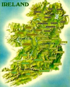 a map of ireland with all the major cities and towns on it's sides