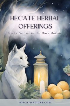 a painting of a white wolf next to a lantern and lemons with the words, hecatee herb offerings