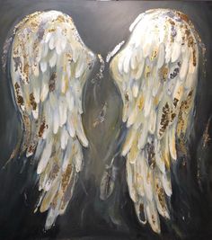 an oil painting of two white wings with gold flecks on black canvases