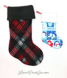 two christmas stocking designs are displayed on a white background, one is red and the other is blue