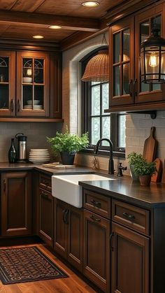 3 Stunning Black and Wood Kitchen Designs to Inspire Renovation Apartment Kitchen Dark Cabinets, Wood Kitchen Inspirations, Kitchen Design With Dark Cabinets, Cozy Kitchen Brown Cabinets, Dark Wood Farmhouse Kitchen, Black Walnut Cabinets Kitchens, Kitchen Design Dark Wood, Black Countertops Wood Cabinets, Walnut Kitchen Cabinets Color Schemes