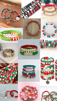 many different types of bracelets are shown in this collage, including red and green