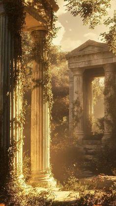 an old building with columns and vines growing on it's sides in the sunlight