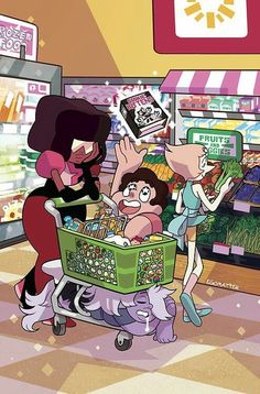 cartoon characters pushing a shopping cart through a store