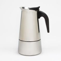 a stainless steel coffee pot with a black handle on a white background, the kettle is empty