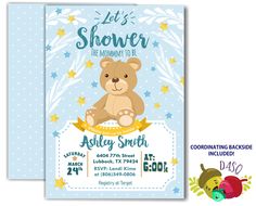 a baby shower card with a teddy bear on it