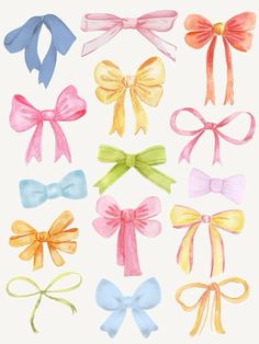 a bunch of different colored bows on a white background