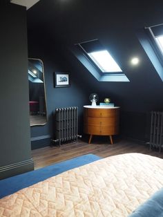 an attic bedroom with skylights and a bed