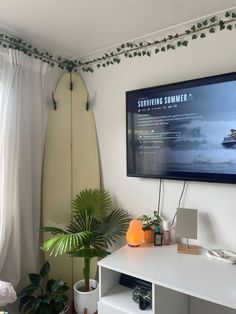 a living room with a surfboard on the wall and a flat screen tv above it