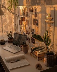 a laptop computer sitting on top of a desk next to a potted plant and books