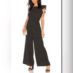 Nwot Sanctuary Antonella Flutter-Sleeve Polka-Dot Jumpsuit | Size M, Measurements Included In The Picture. D22 Summer Workwear Jumpsuits And Rompers With Ruffles, Elegant Short Sleeve Romper With Ruffles, Chic Short Sleeve Jumpsuits And Rompers For Brunch, Chic Short Sleeve Jumpsuit For Brunch, Chic Black Jumpsuits And Rompers For Brunch, Chic Black Jumpsuit For Brunch, Black Ruffled Jumpsuits And Rompers For Work, Elegant Flutter Sleeve Jumpsuits And Rompers For Spring, Black Workwear Jumpsuits And Rompers With Ruffles