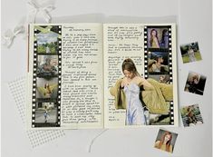 an open photo book with pictures on the pages and ribbons around it, along with other photos