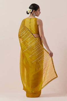 Mustard yellow saree in silk organza base with silver and gold zari and sequin work. Paired with a blouse and petticoat. - Aza Fashions Mustard Yellow Saree, Zari Work Saree, Yellow Saree, Yellow Blouse, Work Sarees, Zari Work, Silk Organza, Petticoat, Set For Women